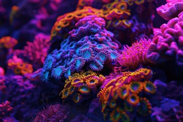 Obraz premium Vibrant Coral Reef with Purple, Blue, and Orange Polyp Clusters