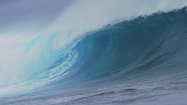 Tracking slow motion view of  Cloudbreak Fiji wave crashing with whitewash and mist rising off top