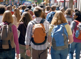 Group of People Walking on a Street with Backpacks
