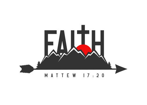 FAITH can move mountains, Matthew 17:20 christian Bible quote. Inspirational vintage patch for camp t-shirt, church hoodie or youth sweatshirt design. Vector illustration