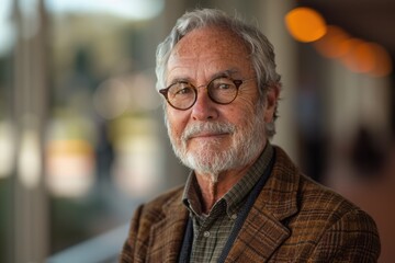 A distinguished elderly man with a thoughtful expression, wearing glasses and a plaid jacket, stands in a brightly lit hallway with blurred lights in the background