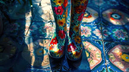 195. Rain Boots, movie style, colors full, floral pattern, close-up, high contrast, glowing light, shadows,