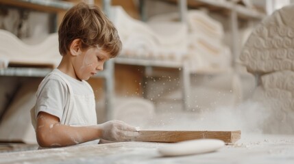 Boy sanding a wooden plank, dimly lit workshop, dust particles in the air, soft-focus background, emphasizing the concentration and effort, child labor.