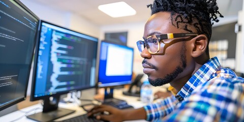 African American Programmer Working On Computer