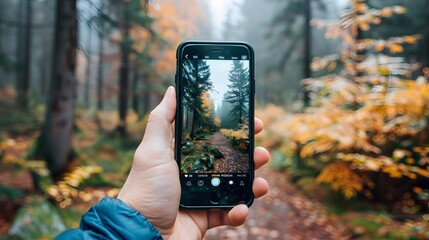 Hand Holding a Smartphone Capturing a Forest Path in Autumn