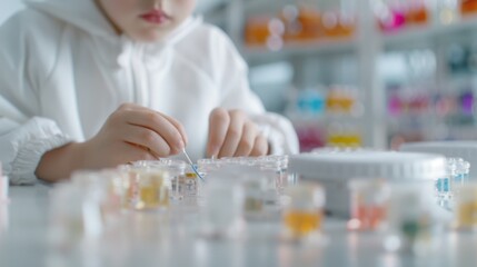 Boy soldering wires, small components, precise work, soft-focus background showing electronic components and soldering equipment, child labor.