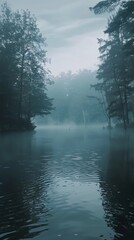 Fototapeta premium Misty forest lake with reflections of trees on calm water on a foggy morning.