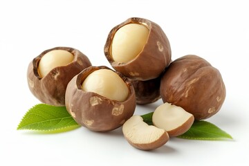 macadamia nuts isolated on white with leaves