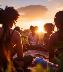 Group of Black Women Friends Sitting in Circle During Sunset