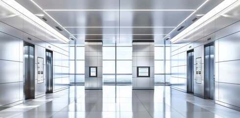 A modern and clean elevator hall with silver walls