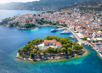Aerial view of Skiathos town with old port and Bourtzi peninsula, Sporades islands, Greece