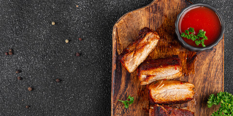 pork ribs fried meat grilled barbecue tasty fresh meal food snack on the table copy space food background rustic top view