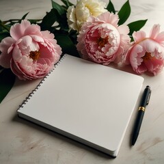 The layout is minimalistic, with the notebook centered and surrounded by soft pink and white peonies
