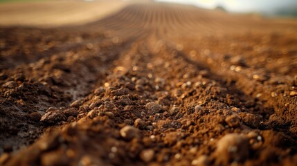 Close-up view of freshly plowed agricultural field showing rich, fertile soil with rows extending into the blurred background under natural sunlight