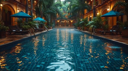 swimming pool in the evening Casual hotel swimming pool with security personnel