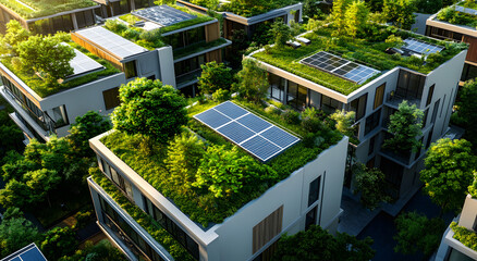 An Aerial View of Sustainable Living in an Urban Environment with Green Rooftops and Renewable Energy Sources, Showcasing Eco-Friendly Architecture and Urban Planning