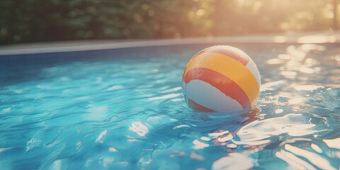 Colorful Beach Ball Floating in Sunlit Pool