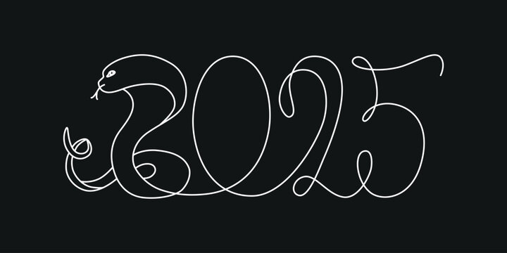 Decoration continuous line hand drawing sign for 2025 year calendar, presentation, poster. Vector stock illustration minimalism design isolated on black background. Editable stroke single line. 