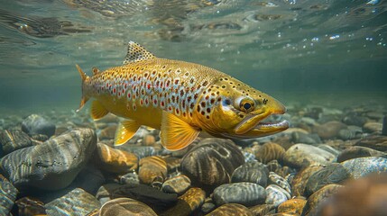 Naklejka premium A beautiful underwater scene showcasing a vibrantly colored trout swimming gracefully above a rocky riverbed with clear blue water