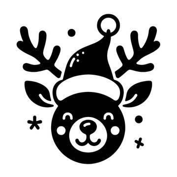 recommend clip art: a simple Christmas reindeer head, smile, black line stencil artwork isolated on white background PNG