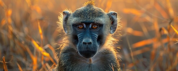Fototapeta premium A captivating close-up of a solitary baboon with striking orange eyes, illuminated by the golden light of sunset in a natural, grassy habitat