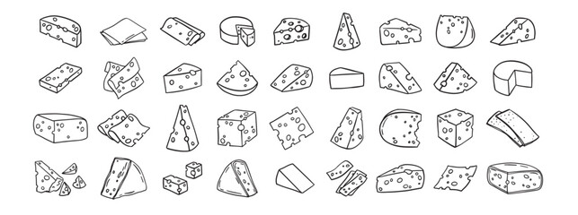 Cheese Doodle hand drawn line icon set. Different piece slice cheese for menu, design restaurant, cafe