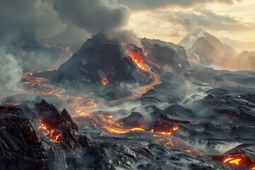 Volcanic Eruption with Flowing Lava and Smoke