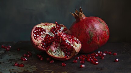 Opened pomegranate close up pieces of fruit pomegranate seeds still life High quality photo