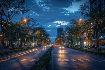 Fototapeta premium A bustling urban street illuminated by warm streetlights at twilight with vehicles speeding past, lined with buildings and trees under a vibrant evening sky