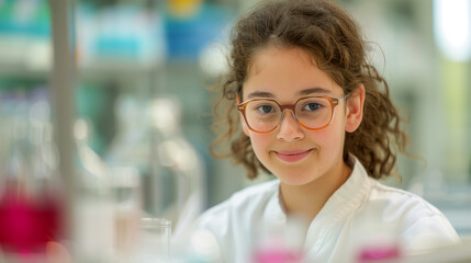 Young Girl Conducting Science Experiment in Laboratory, Wearing Glasses and White Lab Coat, Focused and Curious Expression, Surrounded by Laboratory Equipment and Colorful Chemicals, STEM Education