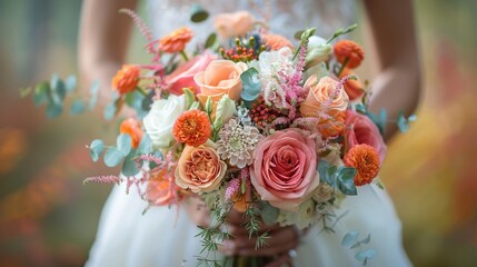 A bride holding a beautifully arranged bouquet of vibrant mixed flowers including roses, carnations, and eucalyptus leaves in an outdoor setting