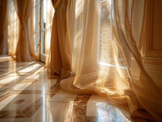 Sunlight streaming through sheer curtains into a beautifully decorated room with polished wooden floors, creating a warm and inviting atmosphere