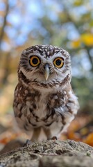 Fototapeta premium Close-up of an adorable small owl with striking yellow eyes perched on a rock in a vibrant, colorful outdoor setting with blurred background