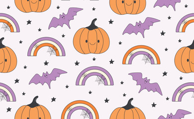Funny Halloween seamless pattern in trendy groovy retro 70s style. Y2k collection. Cute Pumpkin, Rainbow, Bat. Retro y2k style. Fun pumpkin cartoon character. Vector illustration.