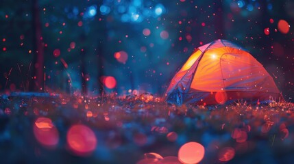 199. Camping in Drizzle, movie style, neon colors, abstract shapes, high angle, ambient light, bokeh, shadows,