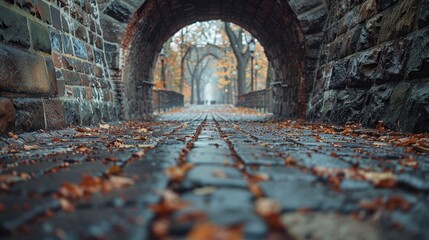 Cobblestone walkway under a historical stone archway lined with autumn leaves, leading to a misty park with a path covered in fallen foliage