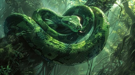 Obraz premium The green snake was climbing trees to find food and protect itself from larger enemies