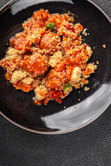couscous with meat balls vegetable sauce tasty fresh meal food snack on the table copy space food background rustic top view keto or paleo diet