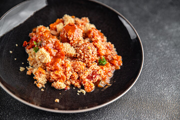 couscous with meat balls vegetable sauce tasty fresh meal food snack on the table copy space food background rustic top view keto or paleo diet
