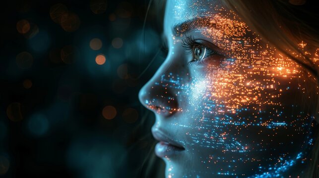 Close-up Profile of Womans Face With Artistic Digital Overlay of Data Points and Lines.