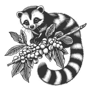 musang Asian palm civet sit on coffee tree branch with coffee cup Kopi luwak sketch engraving generative ai vector illustration. Scratch board imitation. Black and white image.