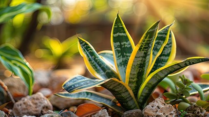 Obraz premium Sansevieria Dracaena succulent plants Snake plant Air purifying tree The leaves are hard yellow and green stripes Ornamental plant for decorating in the rock garden