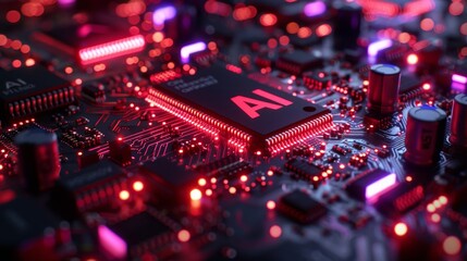 AI Chip Illuminated Printed Circuit Board with Red Lights, Machine Learning, Technology Concept