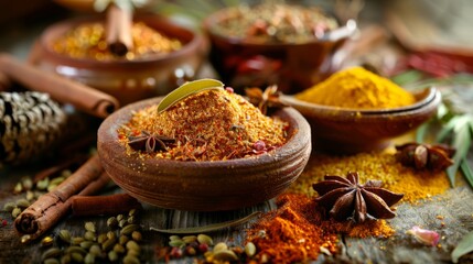 Fototapeta premium Assorted spices in rustic wooden bowls