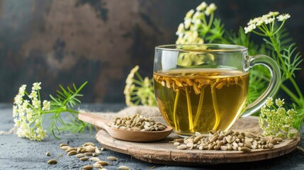 Concept of herbal tea for boosting breast milk promoting sleep and reducing stress with fennel seed and flowers on rustic backdrop