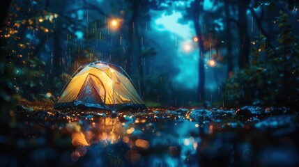 199. Camping in Drizzle, movie style, neon colors, abstract shapes, high angle, ambient light, bokeh, shadows,