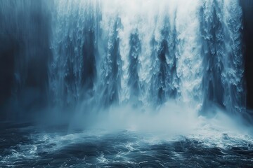 A Powerful Waterfall Cascadng into a Raging Sea