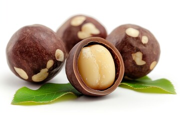 macadamia nuts isolated on white with leaves