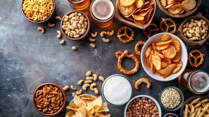 Assorted Beer Stands chips nuts pretzels Diverse Options for Refreshment flat lay with copy space