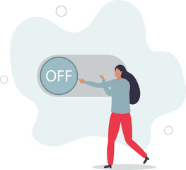 Switch off or turn off setting preference, analytics control panel or power shutdown electricity, saving energy and ecology concept.flat design.illustration with people.